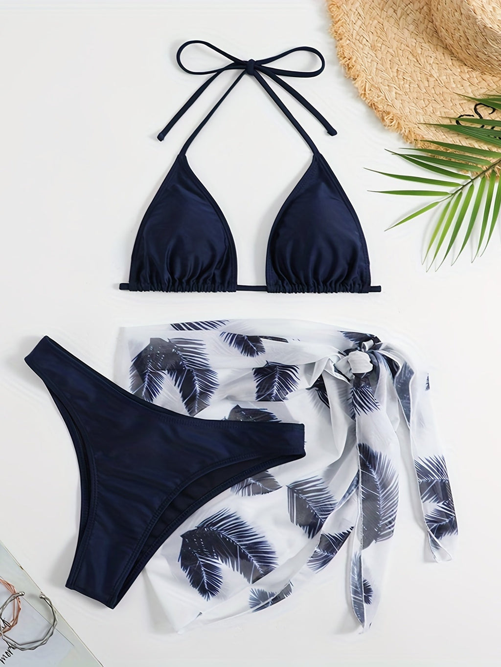 Feather Luxe 3-Piece Bikini Set – Exotic Feather Print Halter Neck Backless Swimsuit with High Cut Tie Back Bottoms and Wrap Cover-Up – Women’s High-Stretch Comfortable Swimwear for Summer Beach & Pool Vacations