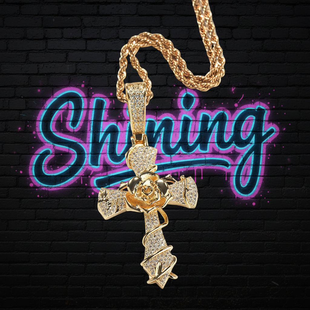 Hip-hop rose cross necklace with 5A zircon inlay