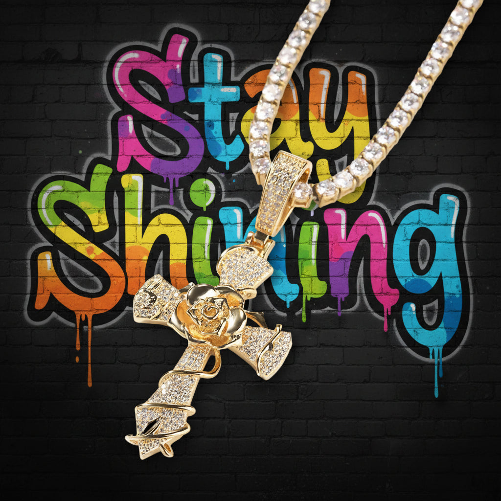 Hip-hop rose cross necklace with 5A zircon inlay