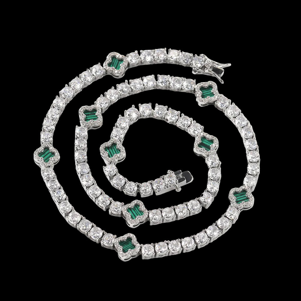 Hip-hop four-leaf clover diamond tennis chain necklace bracelet